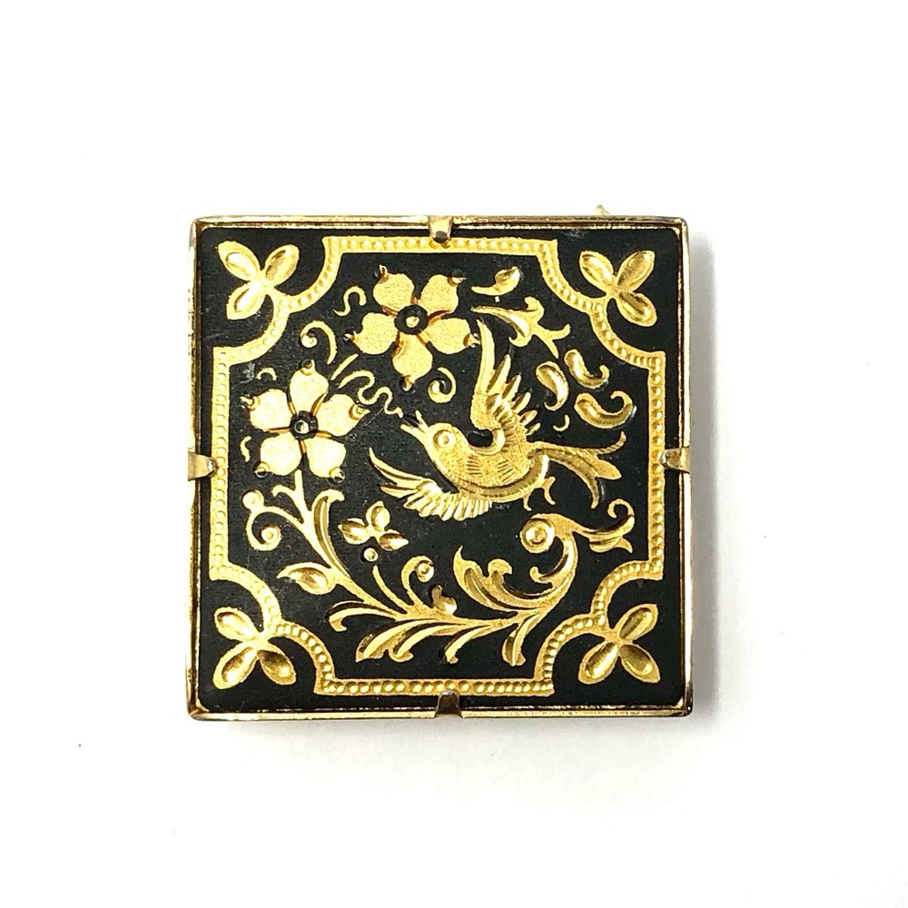 Vintage Spanish Damascene gold and black bird and flower brooch